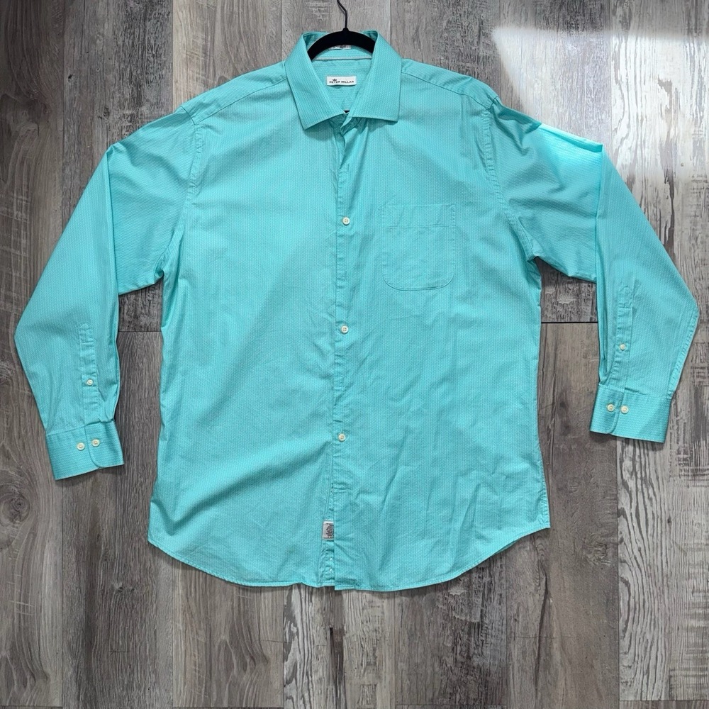 Peter Millar Men Shirt Aqua Blue White Long Sleeve Button Down XL
